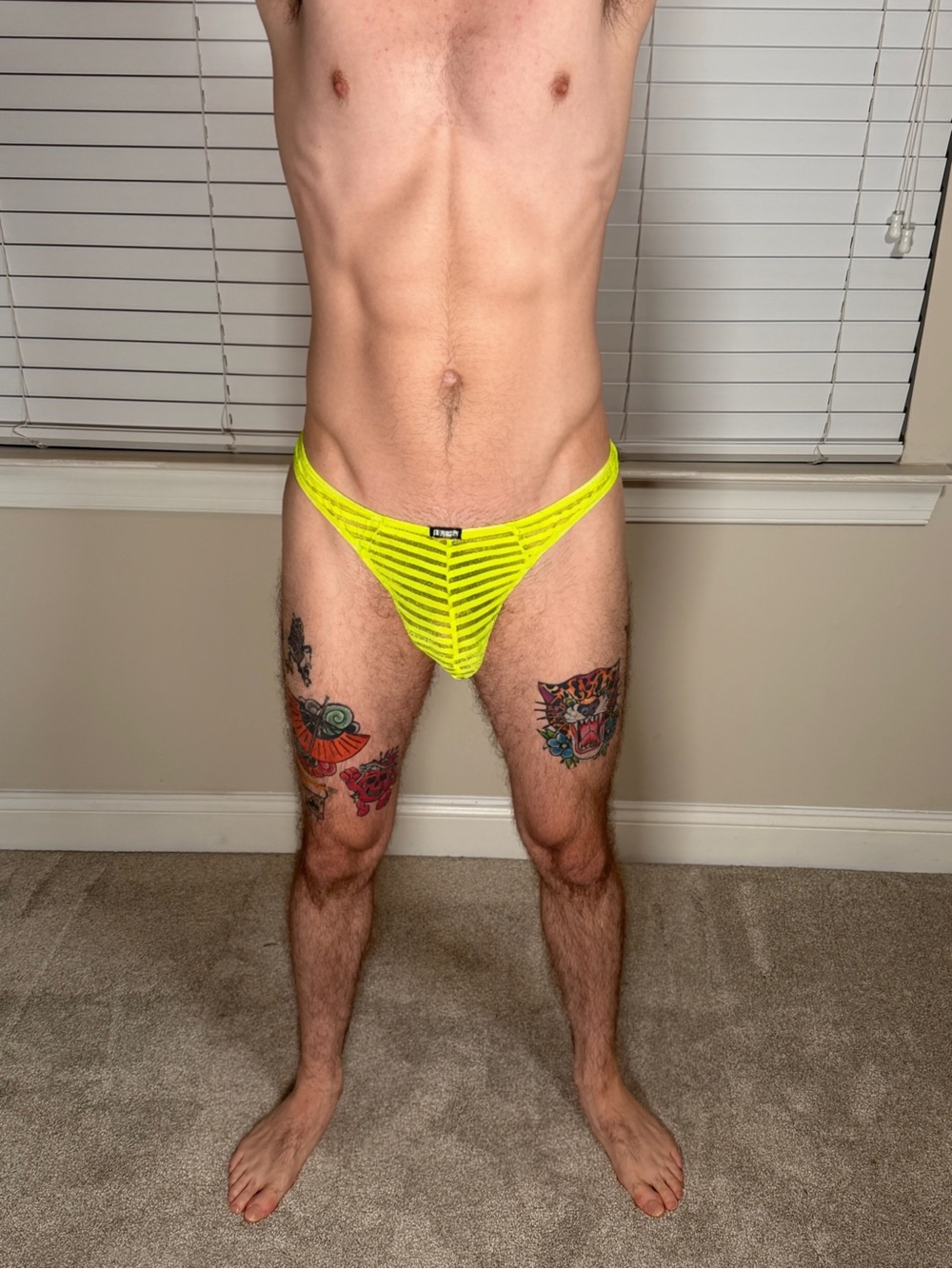 Neon Yellow Men's Sheer Stripe Thong  Brief large